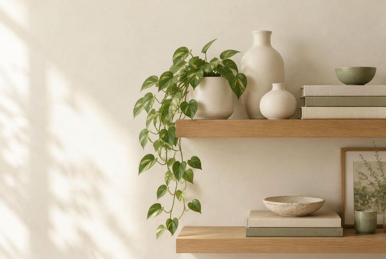 A calm oak shelf styled with cream ceramic vases, a trailing pothos plant, linen books and a sage bowl